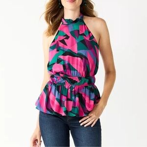 Women's Nine West Sleeveless Pleated Peplum Halter Top Pink Abstract XS